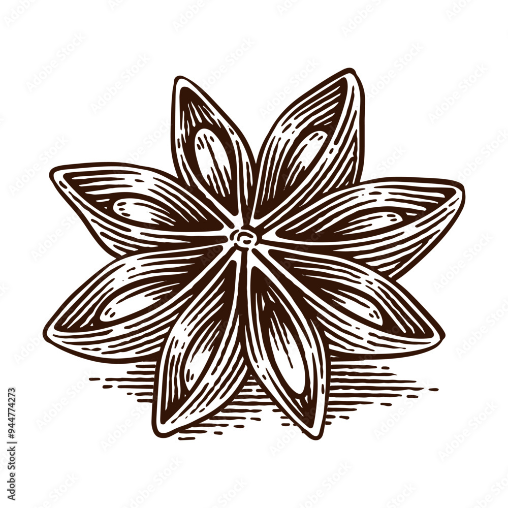 Hand Drawn Star Anise, Line Art Engraving Style Vector Illustration Hand Drawn Star Anise, Line Art Engraving Style Vector Illustration