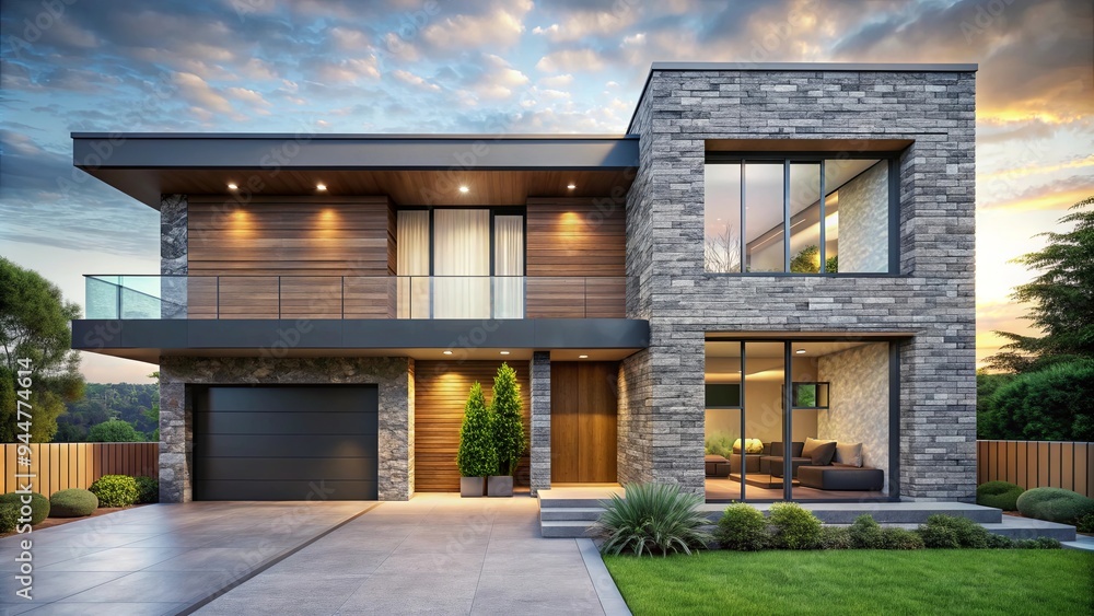 Modern home with a stone facade, blending contemporary design with natural materials, luxury, architecture, exterior Modern home with a stone facade, blending contemporary design with natural materials, luxury, architecture, exterior