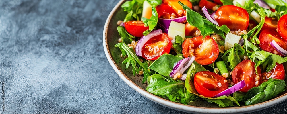 Fresh mixed salad with tomatoes, onions, and greens in a bowl on a textured surface, healthy vegetarian dish. Fresh mixed salad with tomatoes, onions, and greens in a bowl on a textured surface, healthy vegetarian dish.