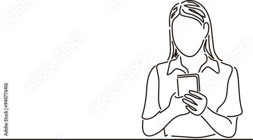 スマートフォンを手に持つ女性　人物　線画　手描き　シンプル　イラスト