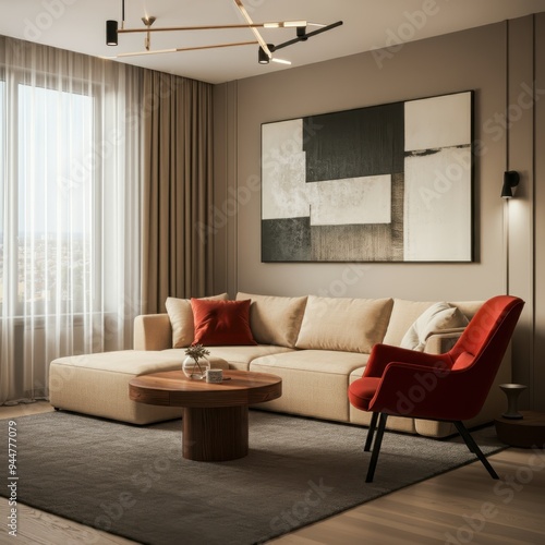 modern living room, minimalist interior design, red accent chair, abstract wall art, beige couch, wooden coffee table, neutral color palette, large window with sheer curtains, cozy atmosphere, contemp photo