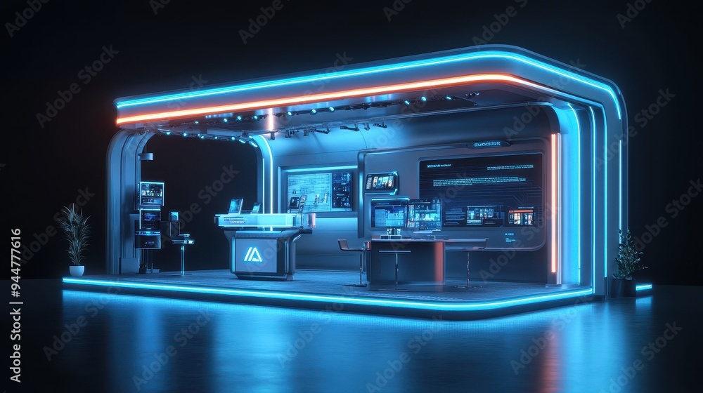 Futuristic Exhibition Stand with Neon Lights and Monitors Futuristic Exhibition Stand with Neon Lights and Monitors