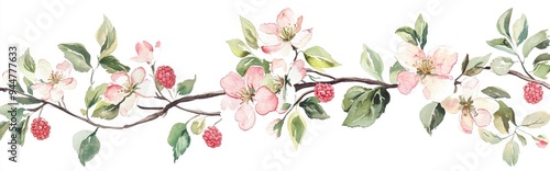 Watercolor illustration of spring flowers in bloom Hand drawn apple tree and garden raspberry flowers accompanied by ivy leaves Delicate floral decoration element on a white background