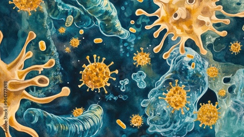 Watercolor illustration of cancer T cells with beige cancer immunity elements dark cancer genetics probiotic bacteria microscopic views of bacteria and respiratory viruses featuring yellow bacteri photo