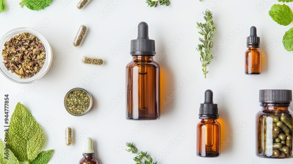 Fototapeta premium Herbal Supplement Bottles with Droppers Capsules and Herbs on White Background