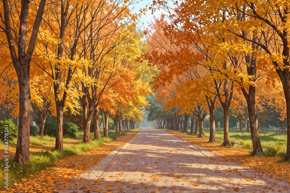 Scenic autumn pathway with vibrant orange and yellow trees, creating a picturesque fall landscape. Ideal for nature, travel, and seasonal themes. Scenic autumn pathway with vibrant orange and yellow trees, creating a picturesque fall landscape. Ideal for nature, travel, and seasonal themes.