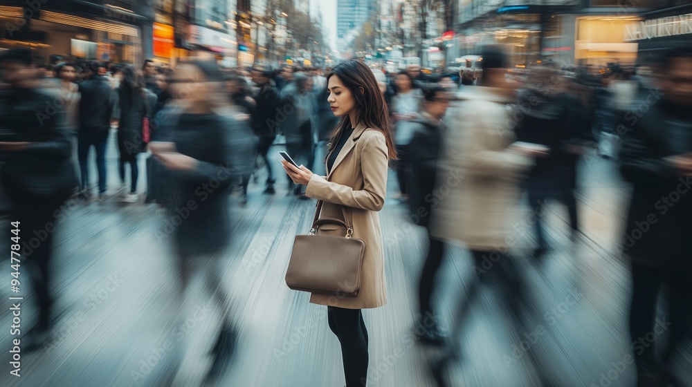 A woman stands still amid the busy city street, using her phone while pedestrians rush by in the afternoon A woman stands still amid the busy city street, using her phone while pedestrians rush by in the afternoon