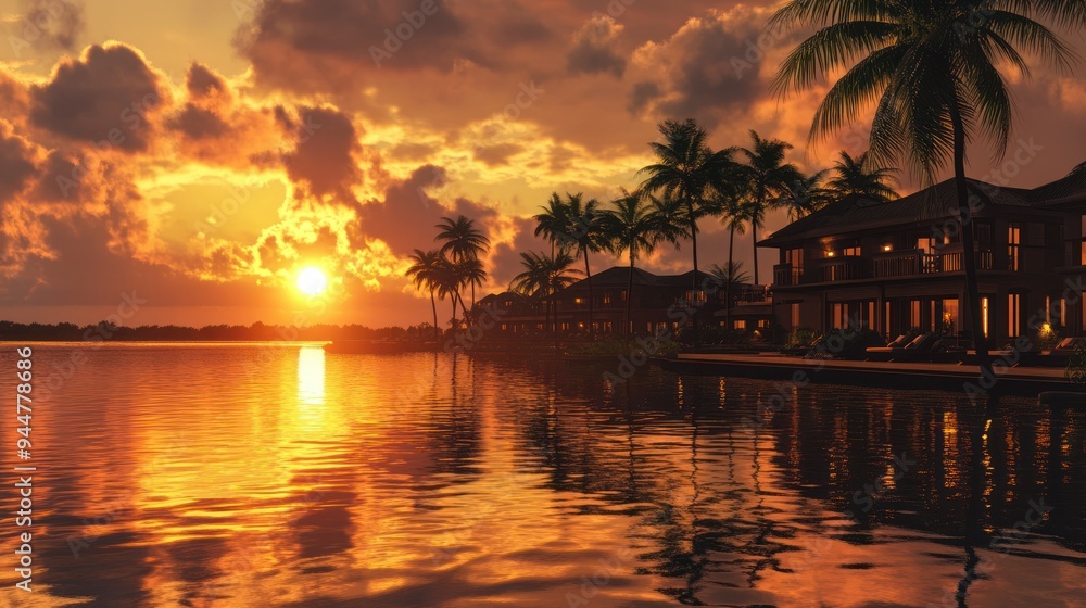 Tropical Sunset Over Water with Palm Trees and Buildings Tropical Sunset Over Water with Palm Trees and Buildings