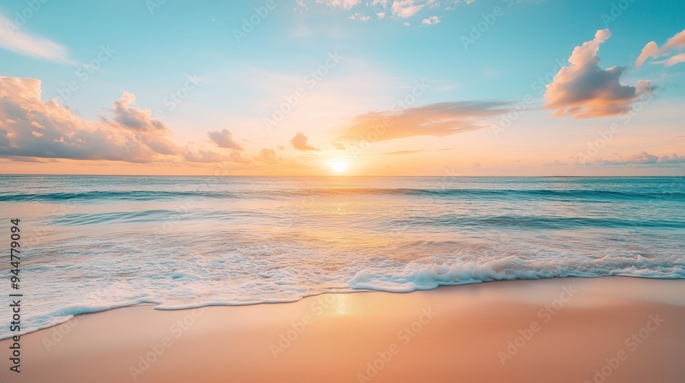 Fototapeta premium Sunset over calm ocean waves at a serene beach during early evening with soft clouds in the sky