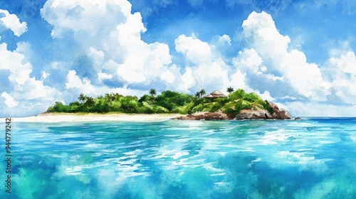 Watercolor illustration of a stunning island featuring crystal clear waters and expansive white sandy beaches