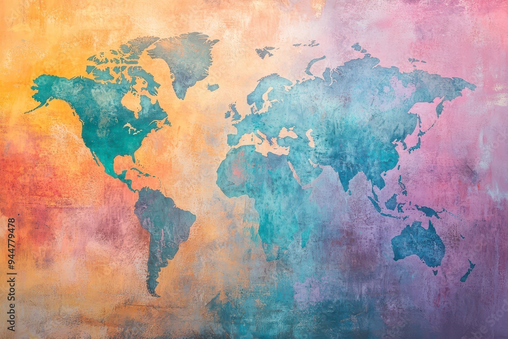 Naklejka premium Colorful world map illustration on textured background in vibrant hues