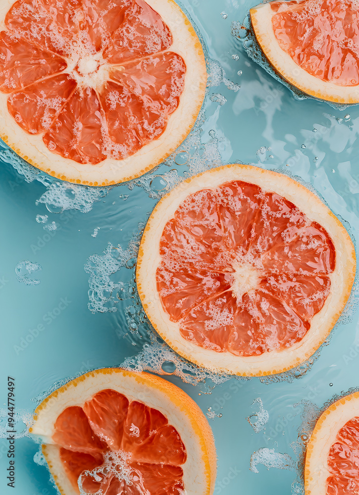 Top view grapefruit slices floating on water ripples, water wave on blue background, commercial photography, studio photo for products, studio wallpaper material. 8x11in.