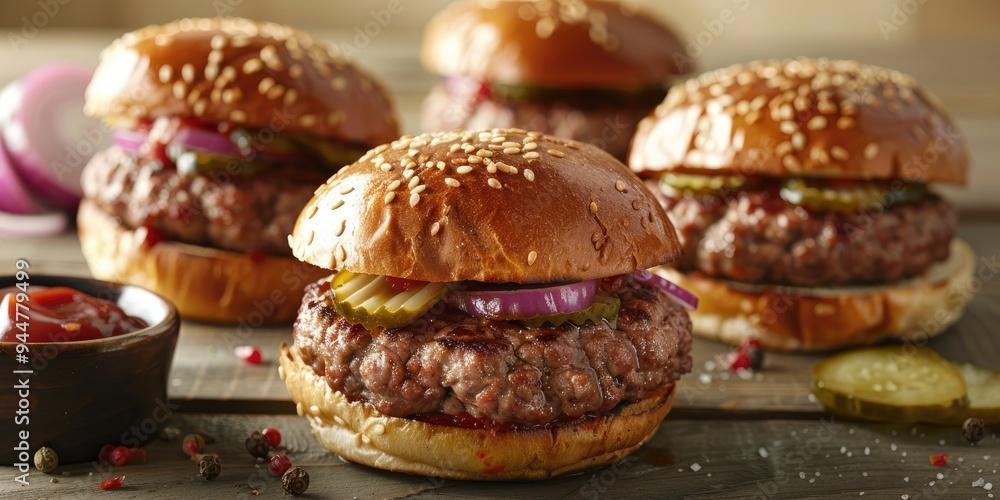 Beef Patties with Pickles, Raw Onion, and Ketchup on a Light-Colored Wooden Surface Beef Patties with Pickles, Raw Onion, and Ketchup on a Light-Colored Wooden Surface