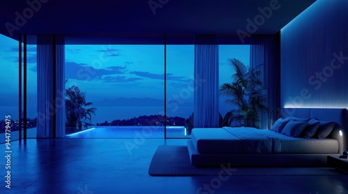 Modern Bedroom with Sea View and Infinity Pool at Night