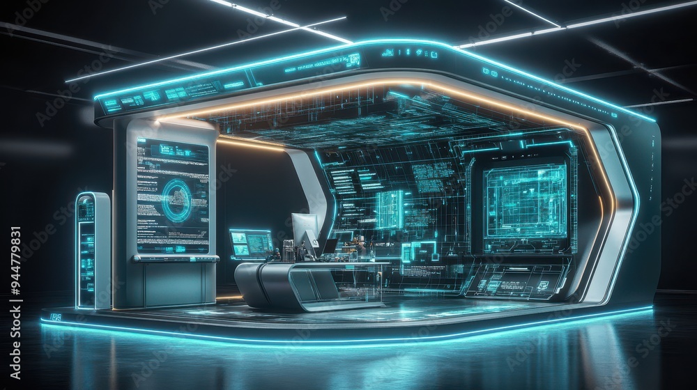 Futuristic Cyber Space Workstation with Holographic Displays Futuristic Cyber Space Workstation with Holographic Displays
