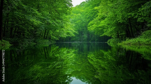 Serene Reflection of Lush Greenery in a Tranquil Forest Lake