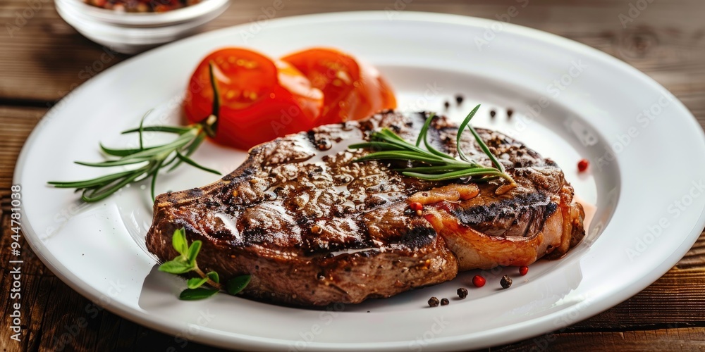 Searing a beef steak on a light-colored dish accompanied by freshly cut tomatoes for the finishing touch. Searing a beef steak on a light-colored dish accompanied by freshly cut tomatoes for the finishing touch.