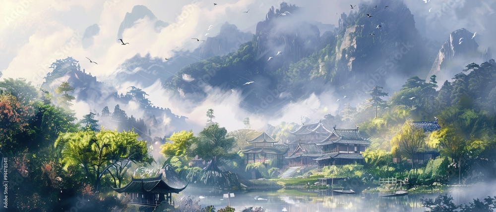 Fototapeta premium Tranquil Ancient Chinese Village Nestled in Mist-Shrouded Mountains