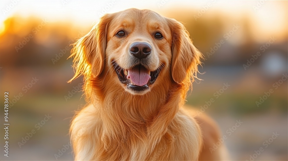 Golden Retriever Dog Smiling in the Warm Glow of Sunset, Capturing the Joy and Warmth of Pet Companionship, Ideal for Pet Photography, Animal Portraits, and Dog Lovers Golden Retriever Dog Smiling in the Warm Glow of Sunset, Capturing the Joy and Warmth of Pet Companionship, Ideal for Pet Photography, Animal Portraits, and Dog Lovers