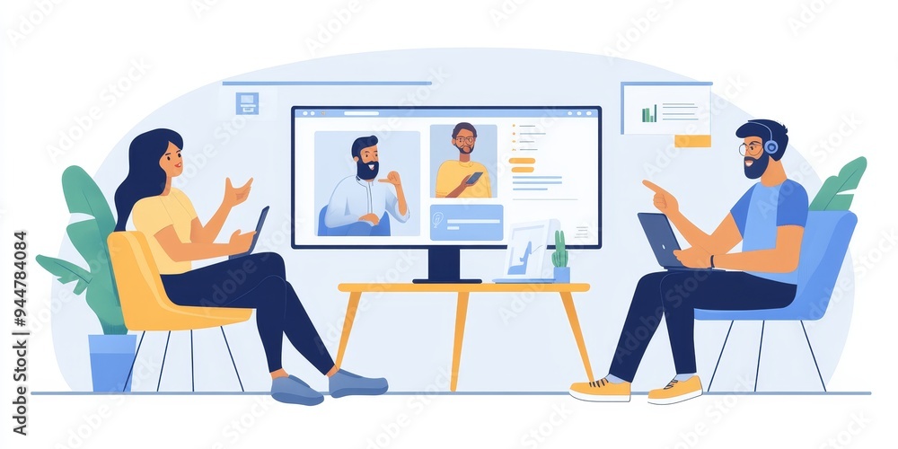 Three co-founders having a video conference call, planning their startup launch Three co-founders having a video conference call, planning their startup launch
