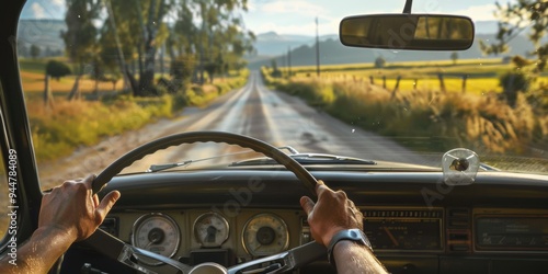 closeup of hands driving an old car photo