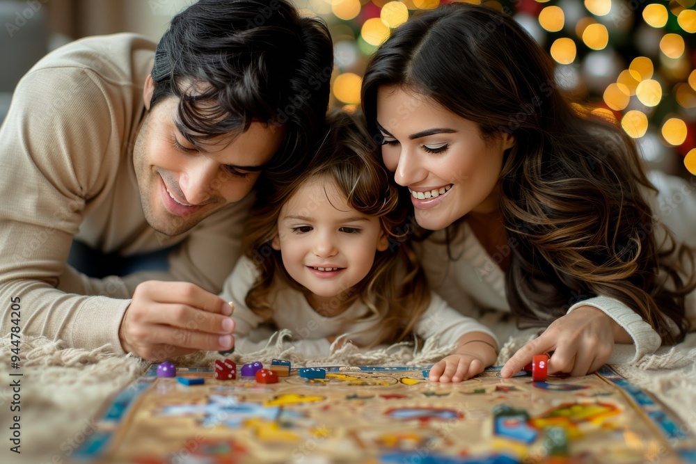 Fototapeta premium Family enjoying a game night together by the Christmas tree in a cozy living room