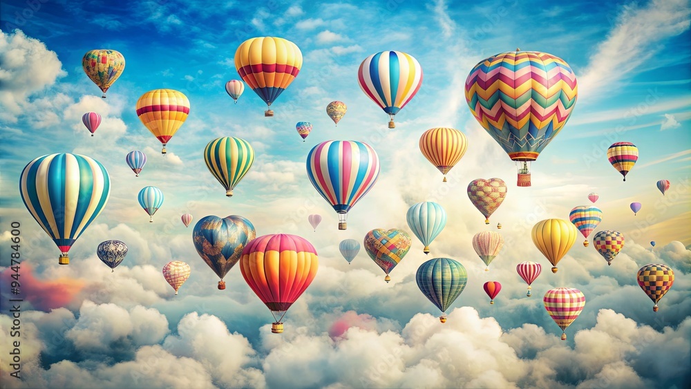 Obraz premium Colorful hot air balloons in the shape of hearts float against a pale blue sky in this whimsical painting, hot air balloons