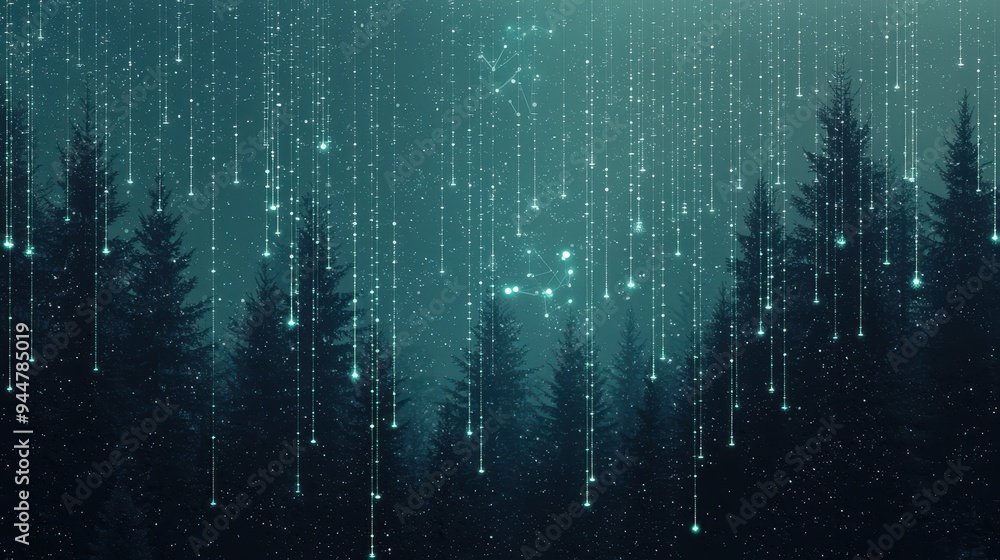 Abstract Forest Night with Shining Lights and Stars Abstract Forest Night with Shining Lights and Stars
