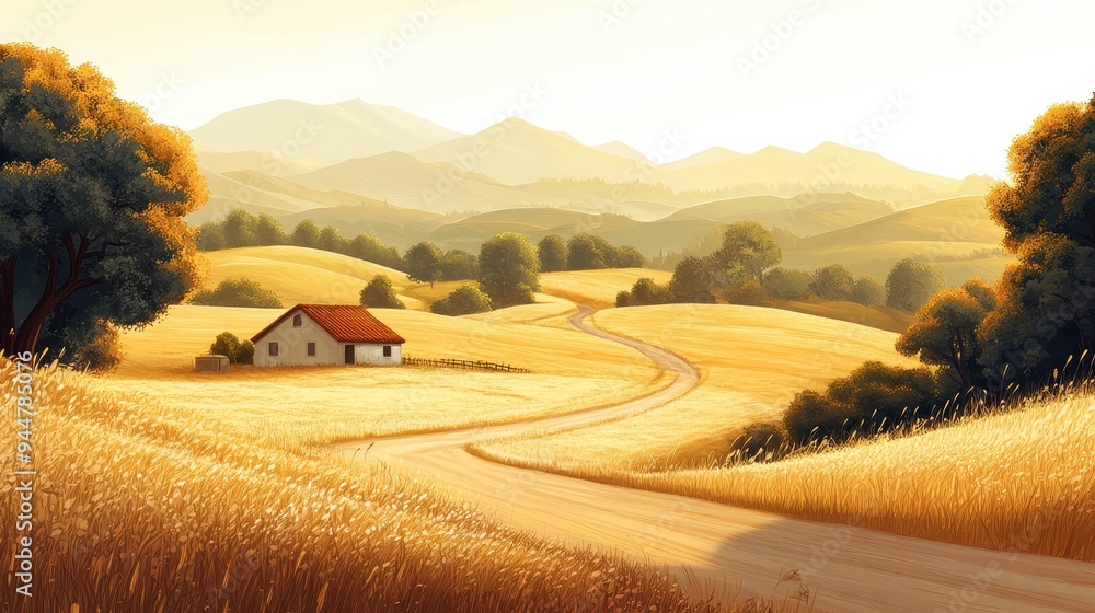 Fototapeta premium Countryside Road Through Golden Wheat Field With Farmhouse and Rolling Hills
