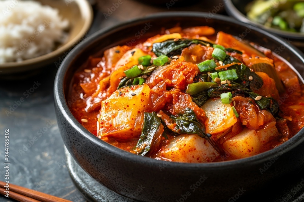 Spicy Kimchi Stew in a Black Bowl Spicy Kimchi Stew in a Black Bowl