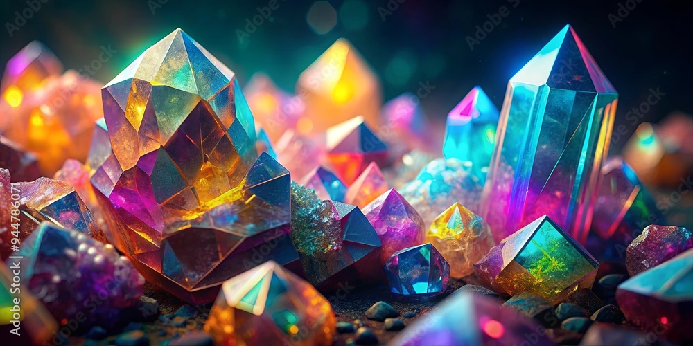 Vibrant rendering of crystalline minerals with iridescent colors and geometric shapes , minerals, crystals, rendering Vibrant rendering of crystalline minerals with iridescent colors and geometric shapes , minerals, crystals, rendering