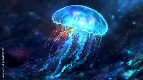 Bioluminescent Fantasy Style A glowing, bioluminescent jellyfish floating in a dark, mysterious ocean. The jellyfish emits a soft, ethereal light