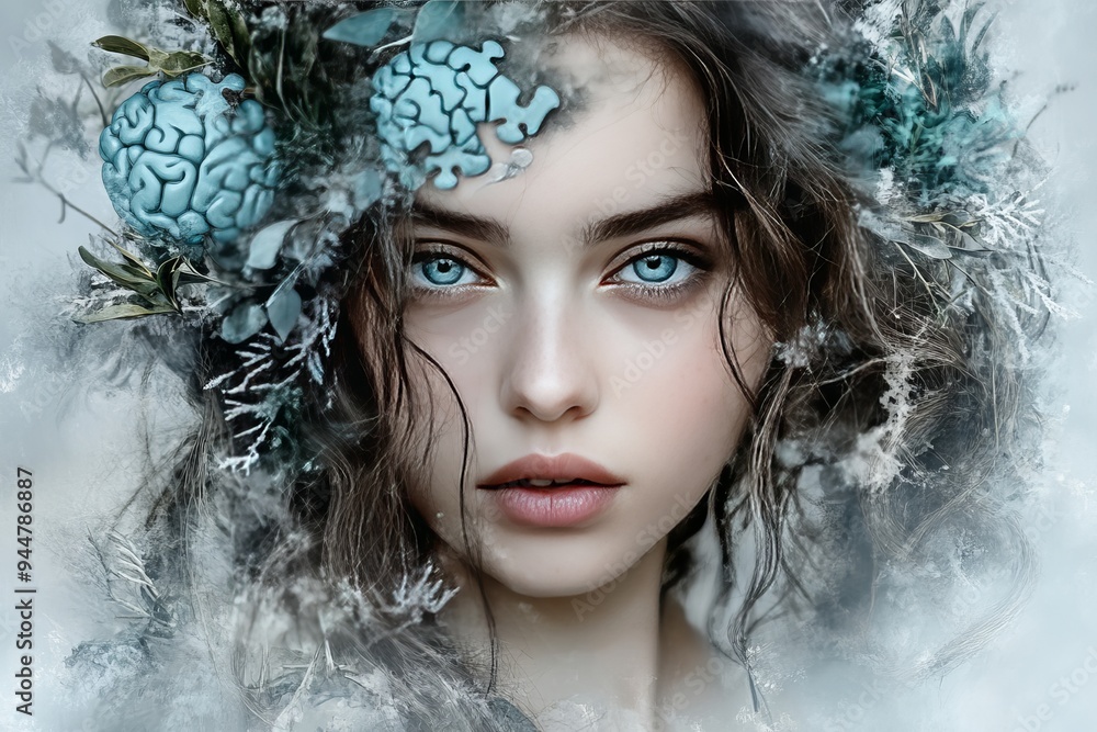 Woman with floral brain elements and a serene expression symbolizing the harmony between nature thought and the nurturing power of mental well being Woman with floral brain elements and a serene expression symbolizing the harmony between nature thought and the nurturing power of mental well being