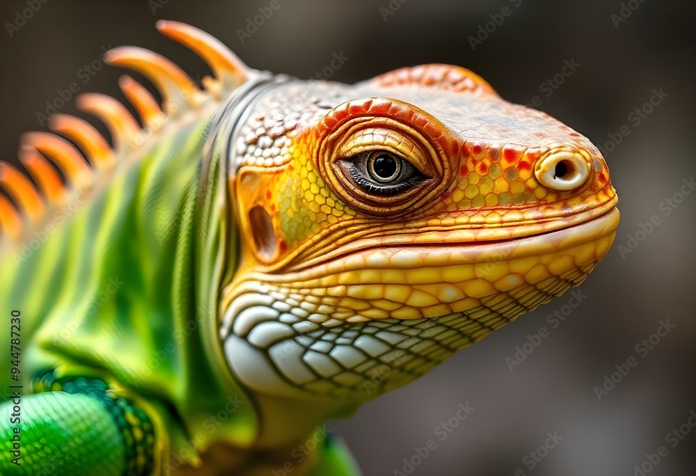 Fototapeta premium An iguana close up with striking red, orange, blue, green & yellow colors with a beautiful blurred background.