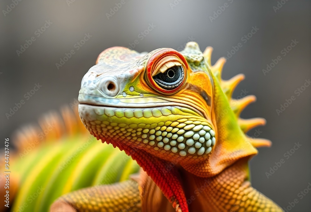 Obraz premium An iguana close up with striking red, orange, blue, green & yellow colors with a beautiful blurred background.