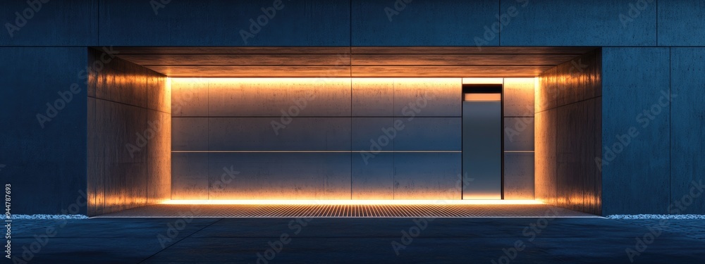 3D rendering of a illuminated entrance door to an underground garage 3D rendering of a illuminated entrance door to an underground garage
