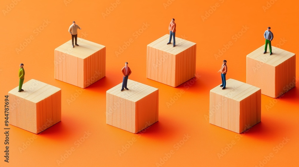 Miniature figures standing on wooden cubes against a vibrant orange background illustrate concepts of individuality and perspective in spatial design Miniature figures standing on wooden cubes against a vibrant orange background illustrate concepts of individuality and perspective in spatial design