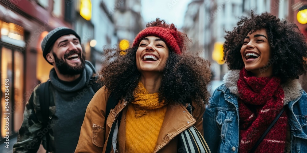 Three friends on the move through a vibrant city street, laughing and enjoying the sights Three friends on the move through a vibrant city street, laughing and enjoying the sights
