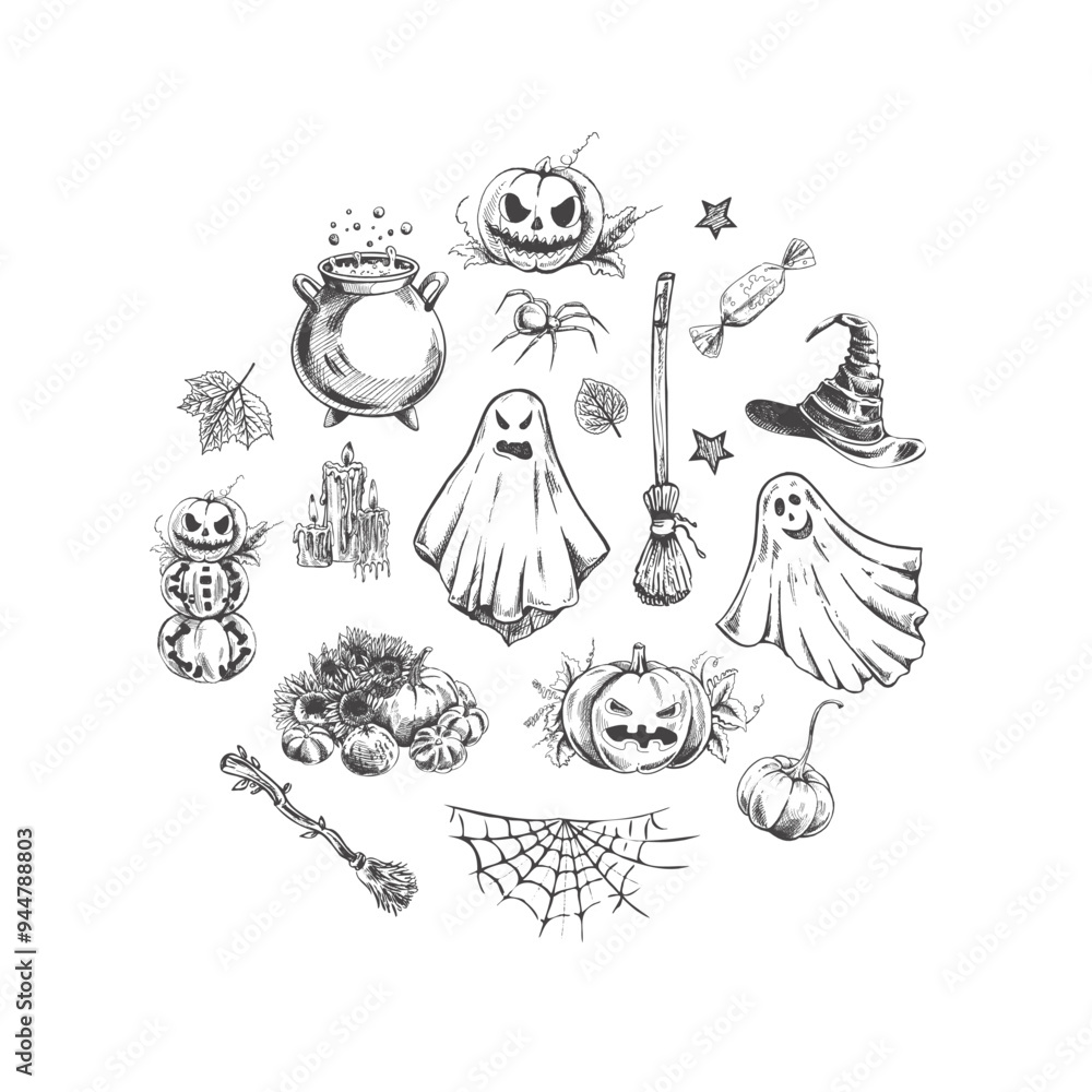 Set of halloween elements in sketch style. Design of ghosts, creepy and spooky elements for halloween decorations in circle, sketch, icon. Hand drawn vector isolated on white background. Set of halloween elements in sketch style. Design of ghosts, creepy and spooky elements for halloween decorations in circle, sketch, icon. Hand drawn vector isolated on white background.