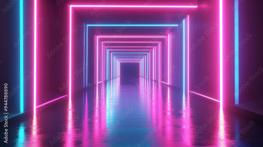 3D rendering of a glowing tunnel with neon lights featuring an abstract background square portal and arch in vibrant pink and blue spectrum colors resembling a laser show 3D rendering of a glowing tunnel with neon lights featuring an abstract background square portal and arch in vibrant pink and blue spectrum colors resembling a laser show