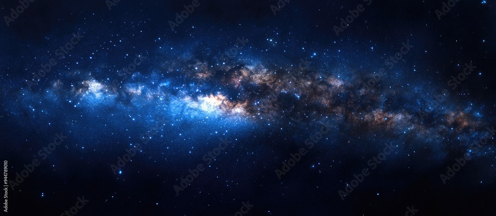 Panorama of a blue night sky featuring a 3D cartoon rendering of the Milky Way and stars against a dark background The universe is filled with stars nebulae and galaxies displaying noise and grain Panorama of a blue night sky featuring a 3D cartoon rendering of the Milky Way and stars against a dark background The universe is filled with stars nebulae and galaxies displaying noise and grain