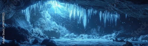 3D rendering of ice stalactites in a cave setting photo