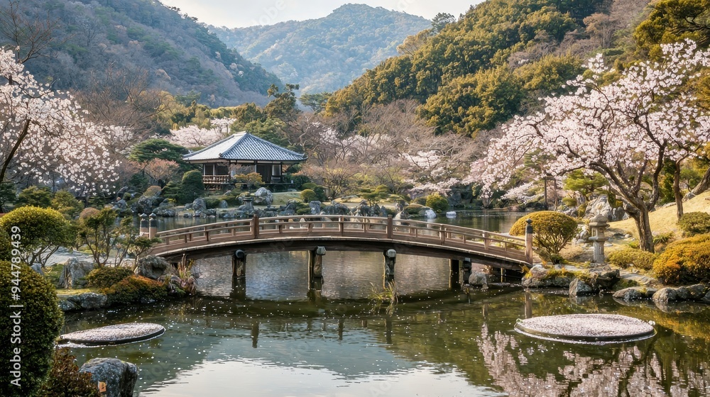 Japanese Garden Bridge with Cherry Blossoms Japanese Garden Bridge with Cherry Blossoms