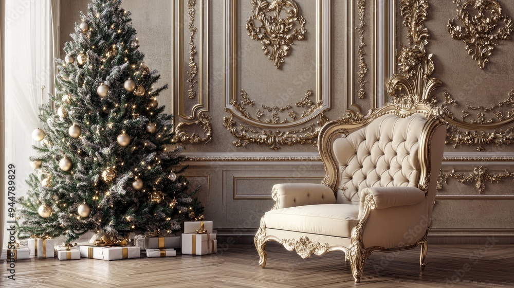 3D rendering of a luxurious classical interior featuring a beige Rococo style armchair beside a Christmas tree 3D rendering of a luxurious classical interior featuring a beige Rococo style armchair beside a Christmas tree