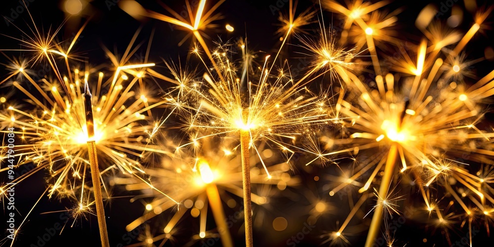 Naklejka premium Close up of golden sparklers burning against black background, sparklers, golden, burning, black background, close up