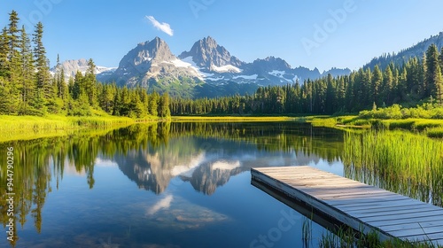 Fototapeta Naklejka Na Ścianę i Meble -  62. A majestic mountain scene with a clear lake reflecting the peaks and a small wooden dock