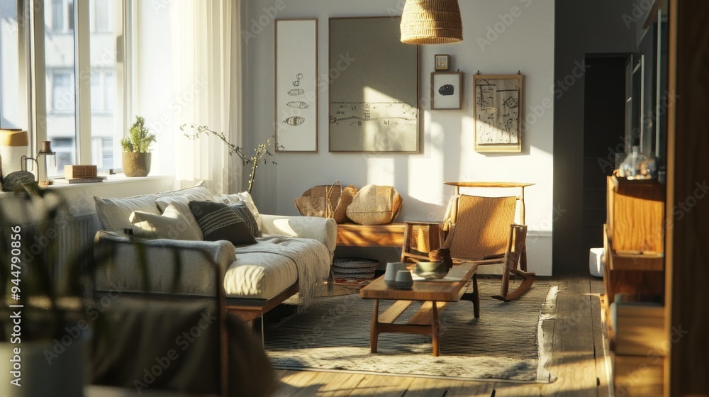Sunlit Living Room with Minimalist Decor and a Rocking Chair Sunlit Living Room with Minimalist Decor and a Rocking Chair