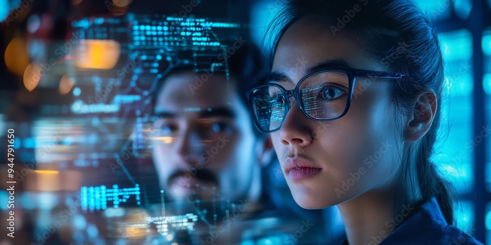 Two researchers in a close-up shot analyzing genetic data on advanced holographic displays in a high-tech biotech lab their expressions serious and focused Two researchers in a close-up shot analyzing genetic data on advanced holographic displays in a high-tech biotech lab their expressions serious and focused