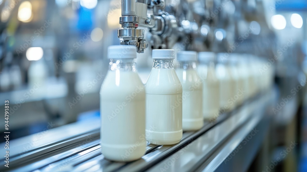 Modern Robotic Factory with Bottled Milk on Conveyor Belt and Metallic Robotic Arms, Showcasing Advanced Automation and Precision in a High-Tech Industrial Setting Modern Robotic Factory with Bottled Milk on Conveyor Belt and Metallic Robotic Arms, Showcasing Advanced Automation and Precision in a High-Tech Industrial Setting