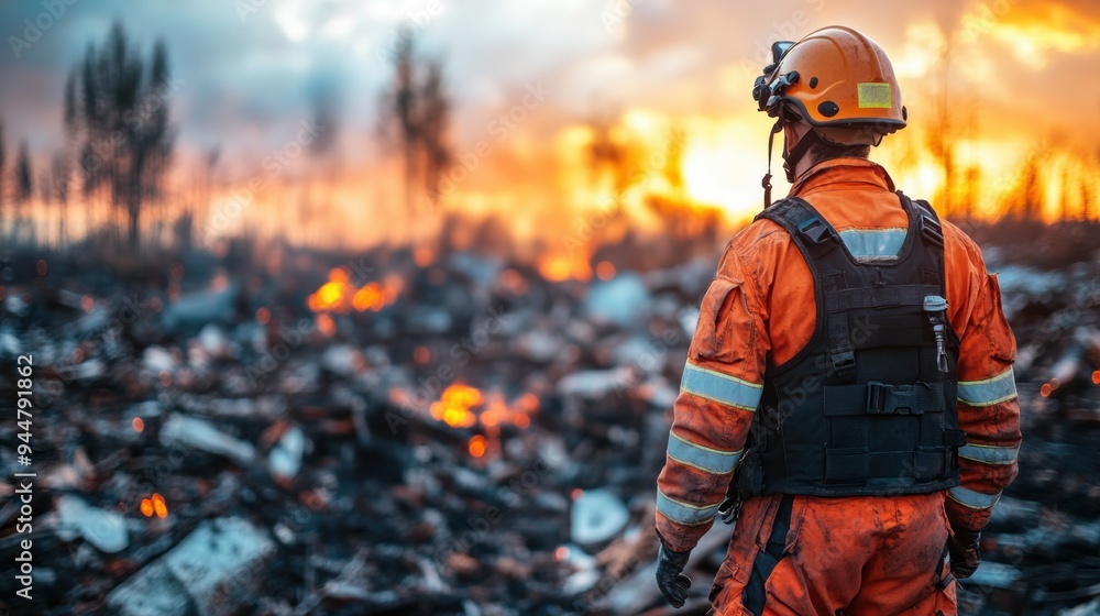 Firefighter Surveys Devastation in the Aftermath of a Wildfire, Assessing the Damage at Sunset Amidst Smoldering Ruins Firefighter Surveys Devastation in the Aftermath of a Wildfire, Assessing the Damage at Sunset Amidst Smoldering Ruins